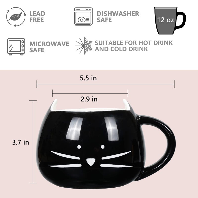 Koolkatkoo Cute Cat Coffee Mug Set for Girls Women Ceramic Kitty Tea Couple Mugs for Cat Lovers 12 oz Meow Cup Black and White - Image 3